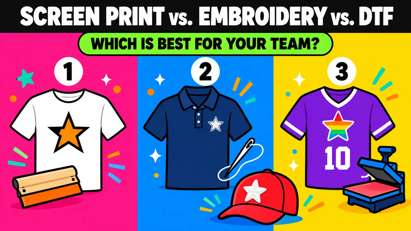 Screen Printing vs. Embroidery vs. DTF: How to Choose for Team Shirts, Uniforms & Hats